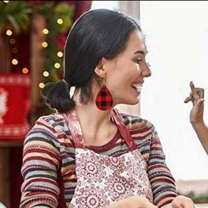 Teardrop Faux Leather Red Black Plaid Earrings New